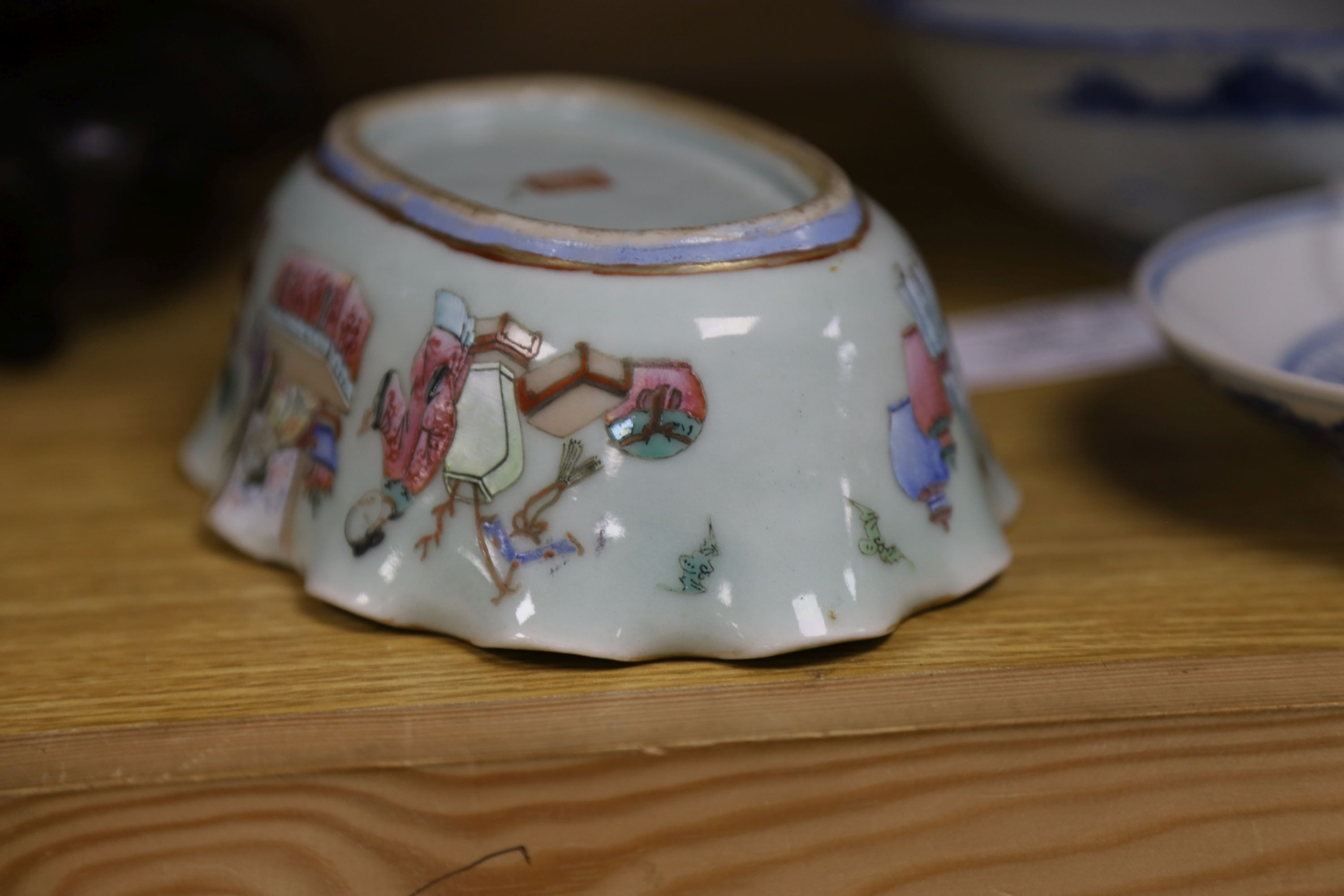 A large early 20th century Chinese cloisonné enamel ‘dragon’ bowl and two Chinese Tongzhi celadon ground famille rose bowls 31cm